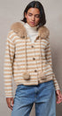 Striped Faux Fur Hood Knit Cardigan with Pom-Pom in Taupe	 - Women's Jackets & Blazers | Urban Daizy