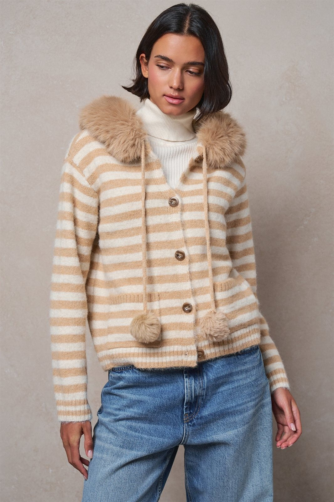 Striped Faux Fur Hood Knit Cardigan with Pom-Pom in Taupe	 - Women's Jackets & Blazers | Urban Daizy