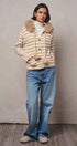 Striped Faux Fur Hood Knit Cardigan with Pom-Pom in Taupe	 - Women's Jackets & Blazers | Urban Daizy