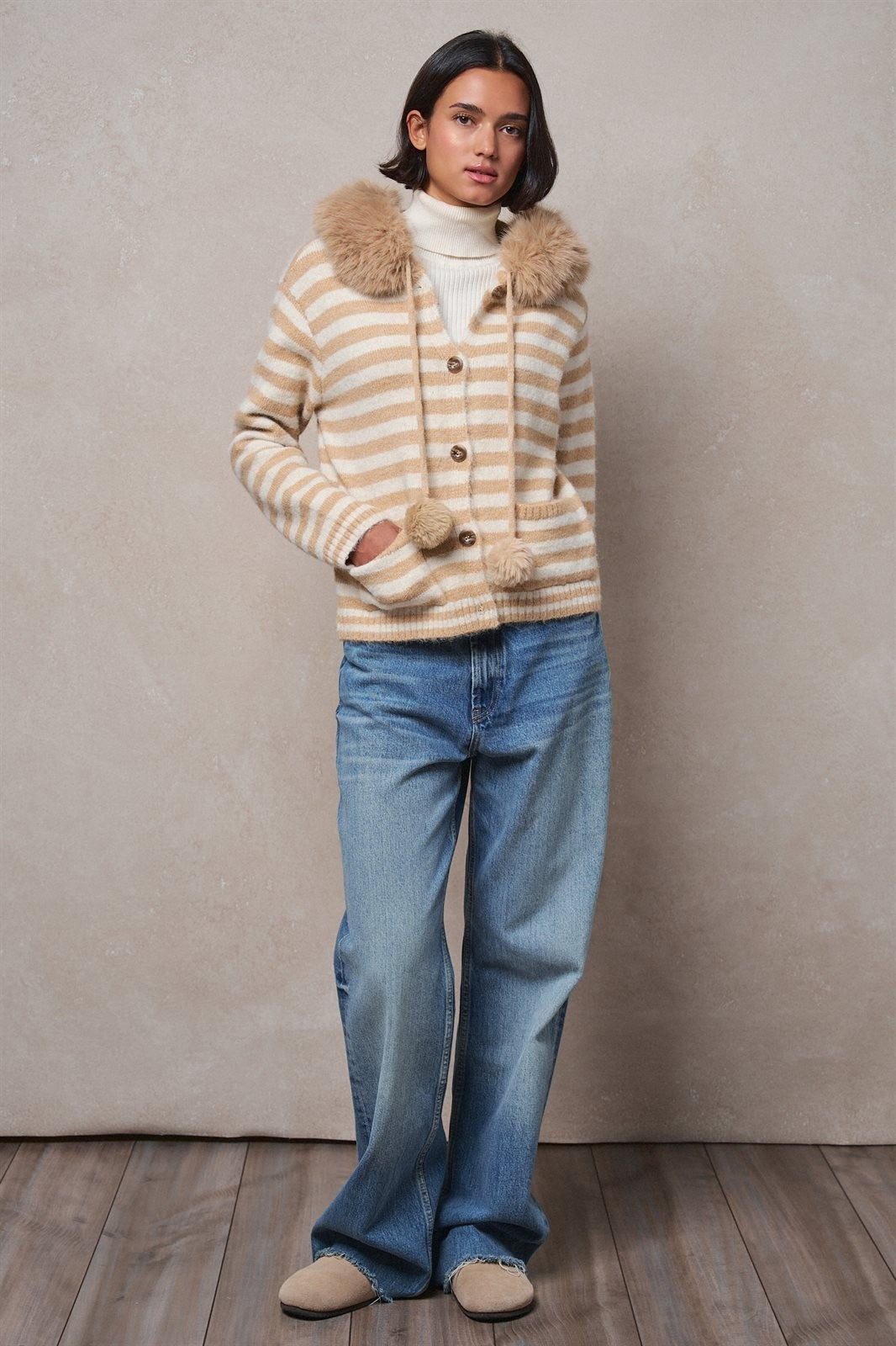 Striped Faux Fur Hood Knit Cardigan with Pom-Pom in Taupe	 - Women's Jackets & Blazers | Urban Daizy
