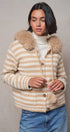 Striped Faux Fur Hood Knit Cardigan with Pom-Pom in Taupe	 - Women's Jackets & Blazers | Urban Daizy