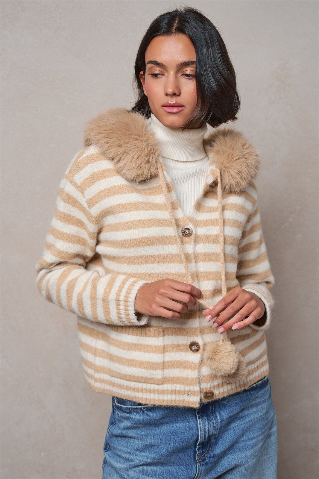 Striped Faux Fur Hood Knit Cardigan with Pom-Pom in Taupe	 - Women's Jackets & Blazers | Urban Daizy