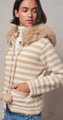 Striped Faux Fur Hood Knit Cardigan with Pom-Pom in Taupe	 - Women's Jackets & Blazers | Urban Daizy