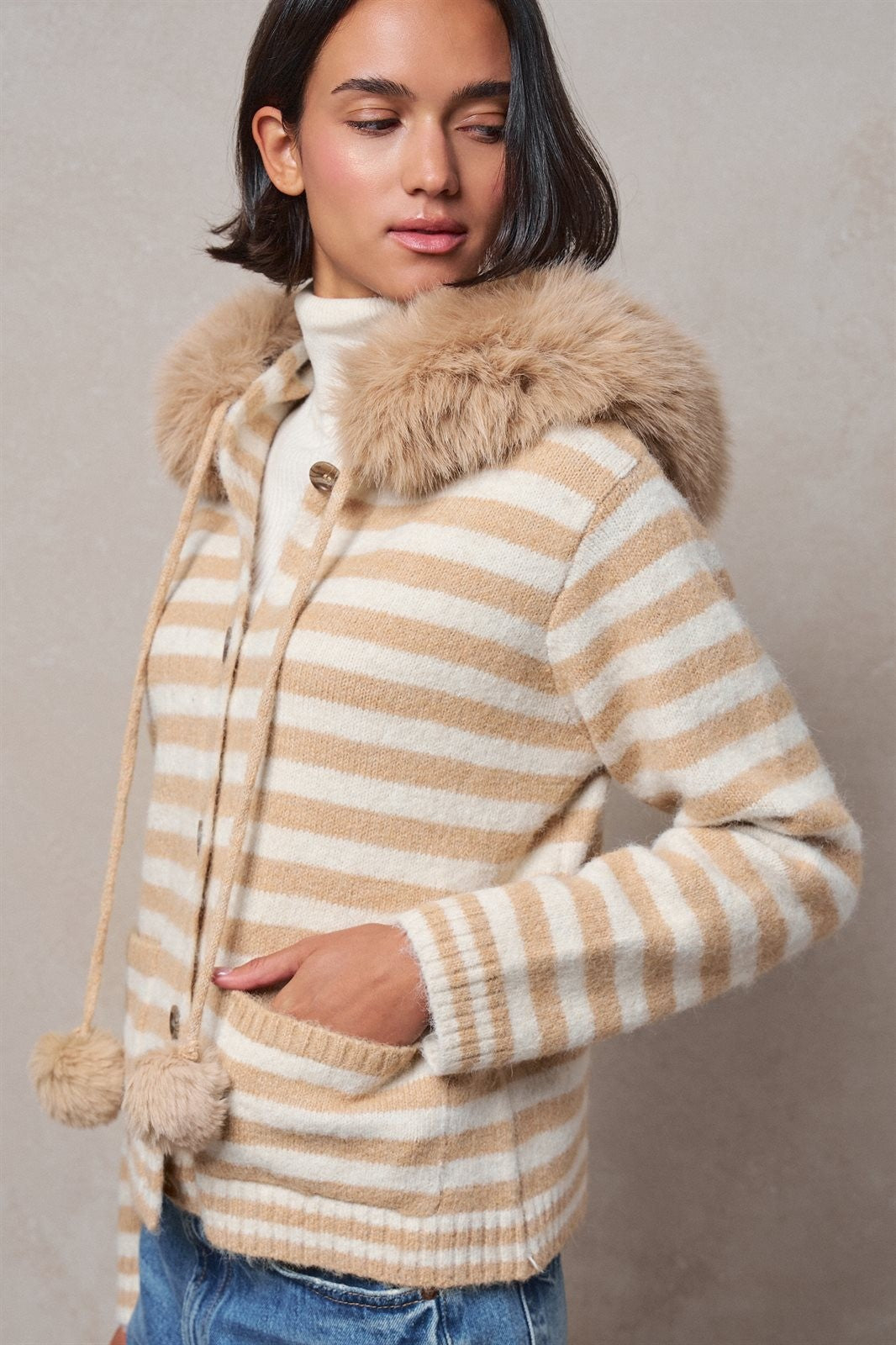 Striped Faux Fur Hood Knit Cardigan with Pom-Pom in Taupe	 - Women's Jackets & Blazers | Urban Daizy