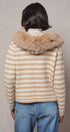 Striped Faux Fur Hood Knit Cardigan with Pom-Pom in Taupe	 - Women's Jackets & Blazers | Urban Daizy