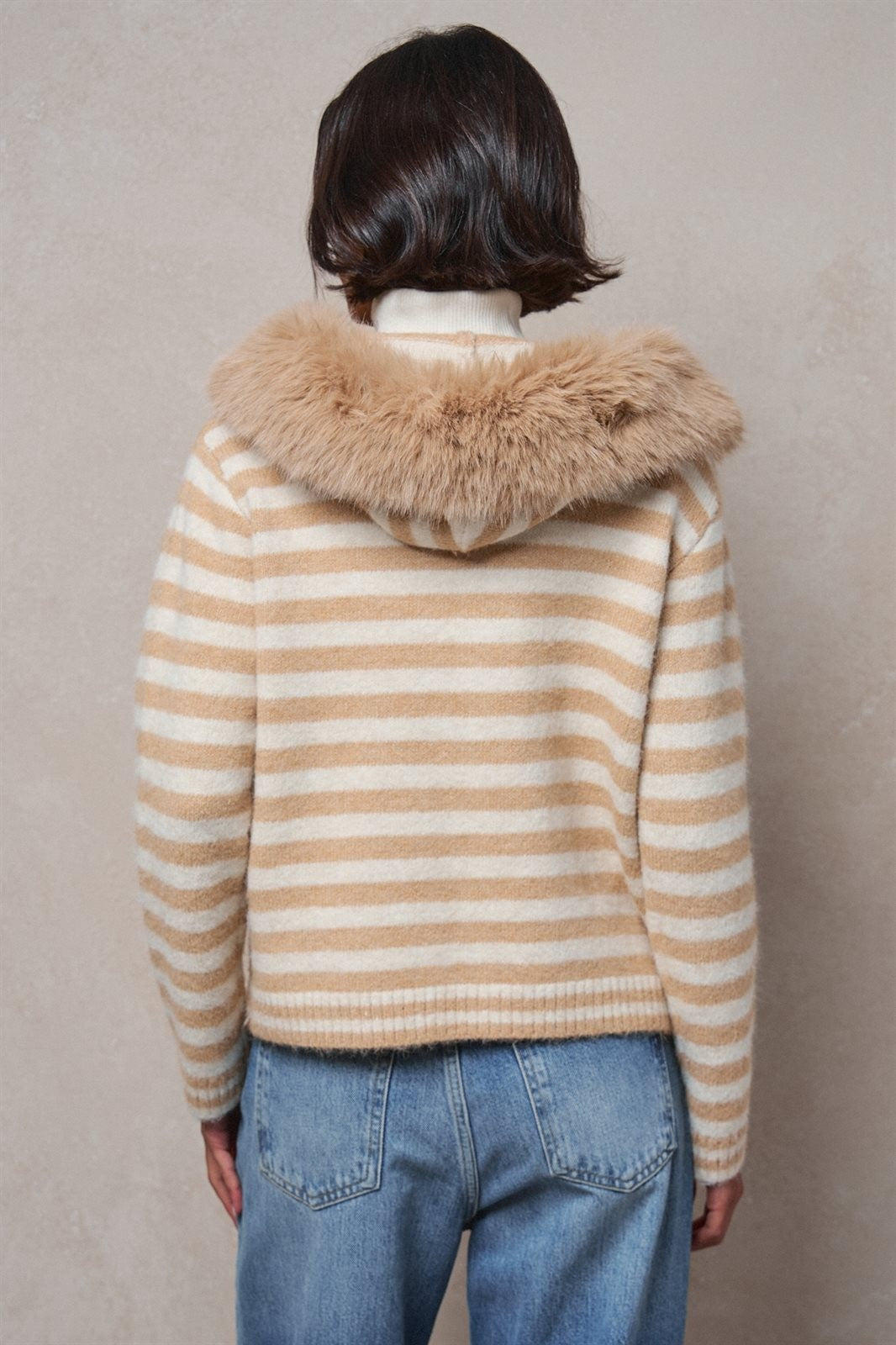 Striped Faux Fur Hood Knit Cardigan with Pom-Pom in Taupe	 - Women's Jackets & Blazers | Urban Daizy