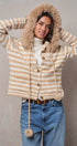 Striped Faux Fur Hood Knit Cardigan with Pom-Pom in Taupe	 - Women's Jackets & Blazers | Urban Daizy