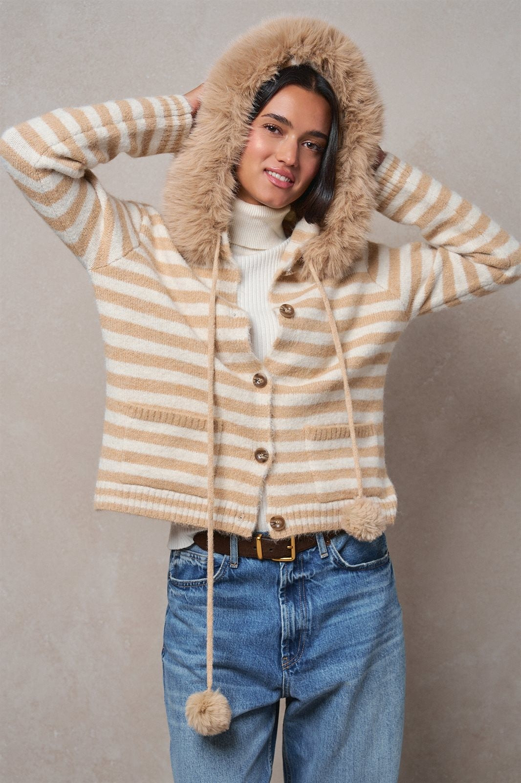 Striped Faux Fur Hood Knit Cardigan with Pom-Pom in Taupe	 - Women's Jackets & Blazers | Urban Daizy