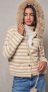 Striped Faux Fur Hood Knit Cardigan with Pom-Pom in Taupe	 - Women's Jackets & Blazers | Urban Daizy