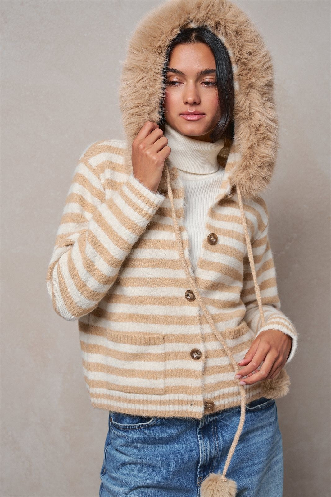 Striped Faux Fur Hood Knit Cardigan with Pom-Pom in Taupe	 - Women's Jackets & Blazers | Urban Daizy