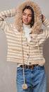 Striped Faux Fur Hood Knit Cardigan with Pom-Pom in Taupe	 - Women's Jackets & Blazers | Urban Daizy