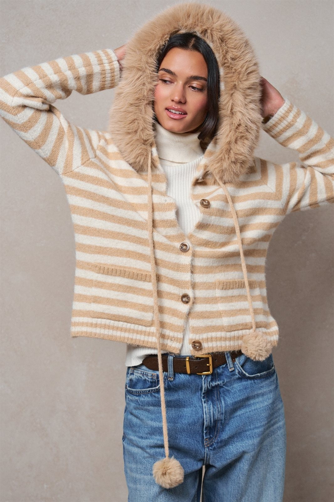 Striped Faux Fur Hood Knit Cardigan with Pom-Pom in Taupe	 - Women's Jackets & Blazers | Urban Daizy