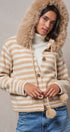 Striped Faux Fur Hood Knit Cardigan with Pom-Pom in Taupe	 - Women's Jackets & Blazers | Urban Daizy