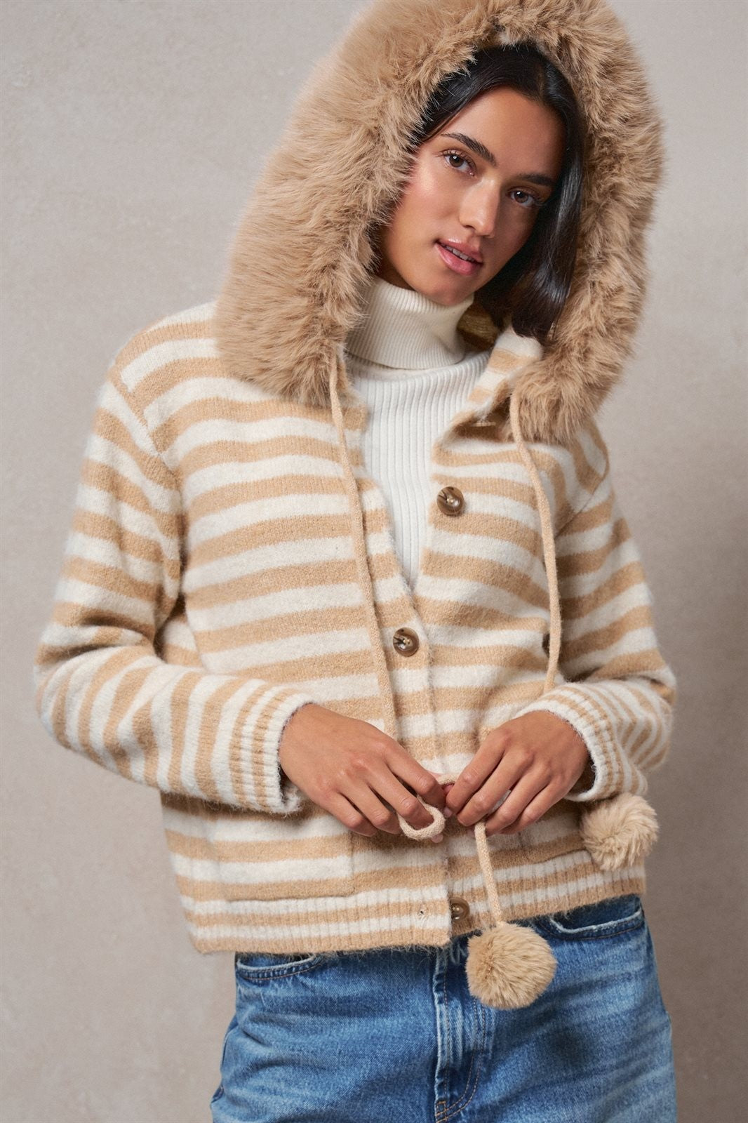 Striped Faux Fur Hood Knit Cardigan with Pom-Pom in Taupe	 - Women's Jackets & Blazers | Urban Daizy