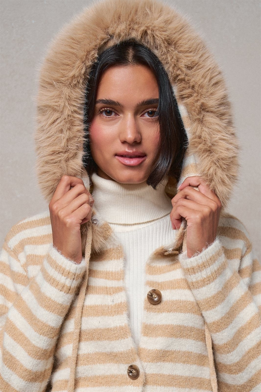 Striped Faux Fur Hood Knit Cardigan with Pom-Pom in Taupe	 - Women's Jackets & Blazers | Urban Daizy