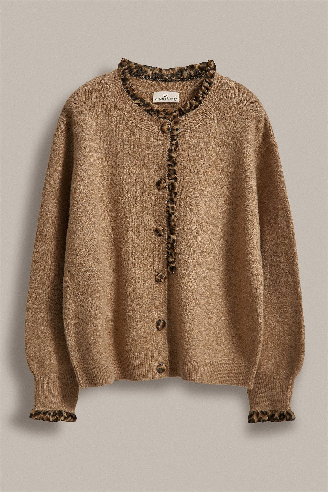 Leopard Trim Knit Button Cardigan in Camel - Women's Fashion | Urban Daizy