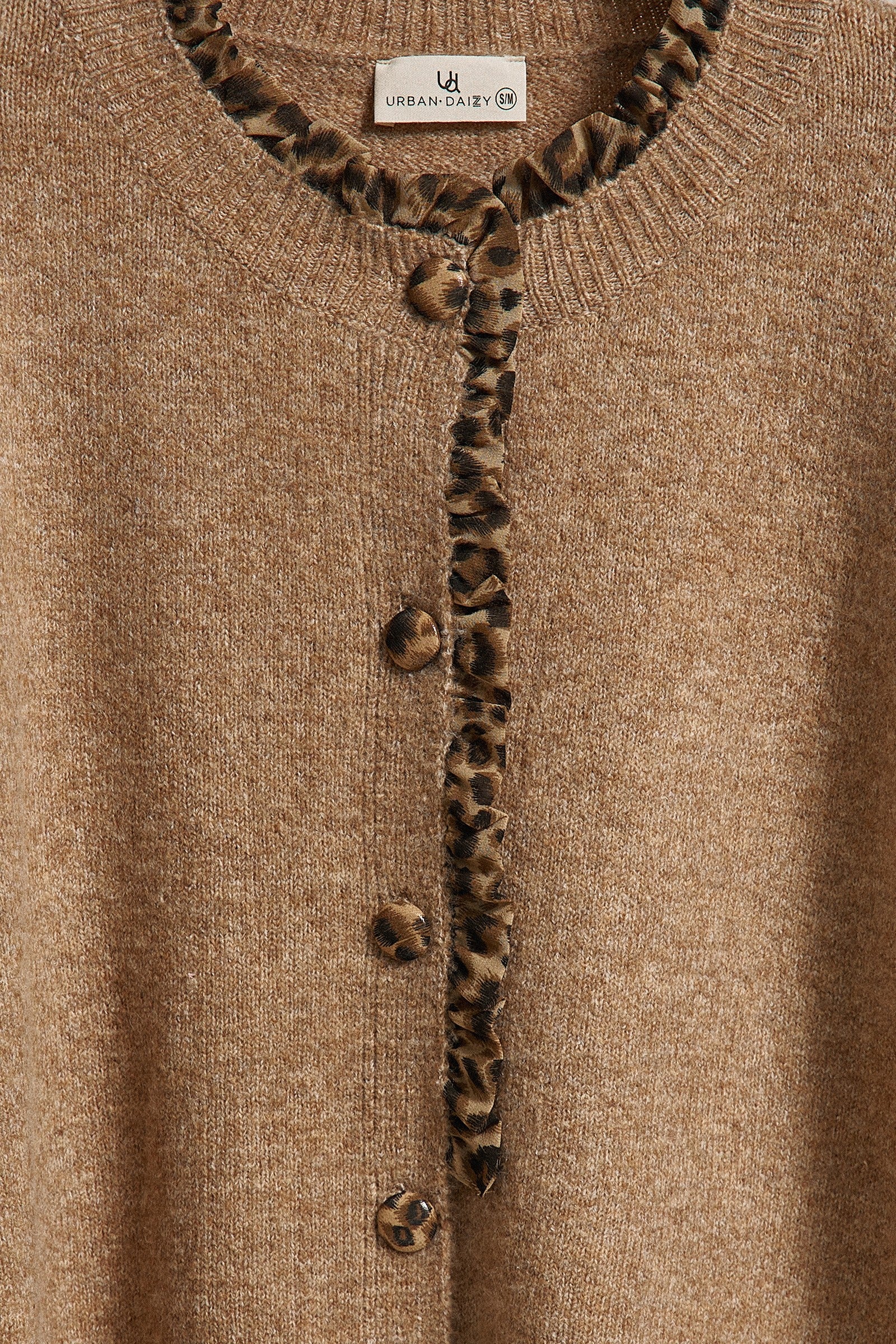 Leopard Trim Knit Button Cardigan in Camel - Women's Fashion | Urban Daizy