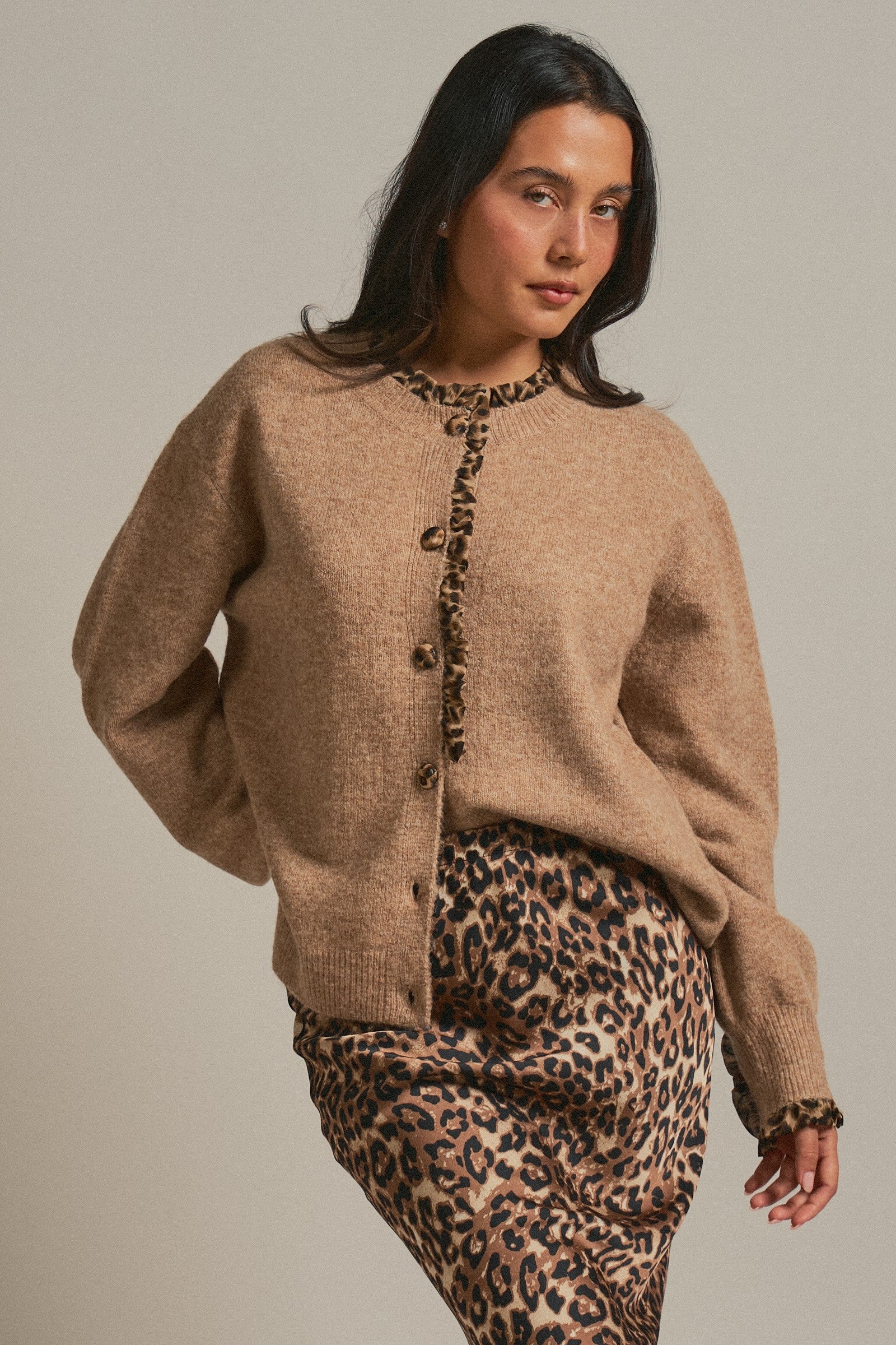 Leopard Trim Knit Button Cardigan in Camel - Women's Fashion | Urban Daizy