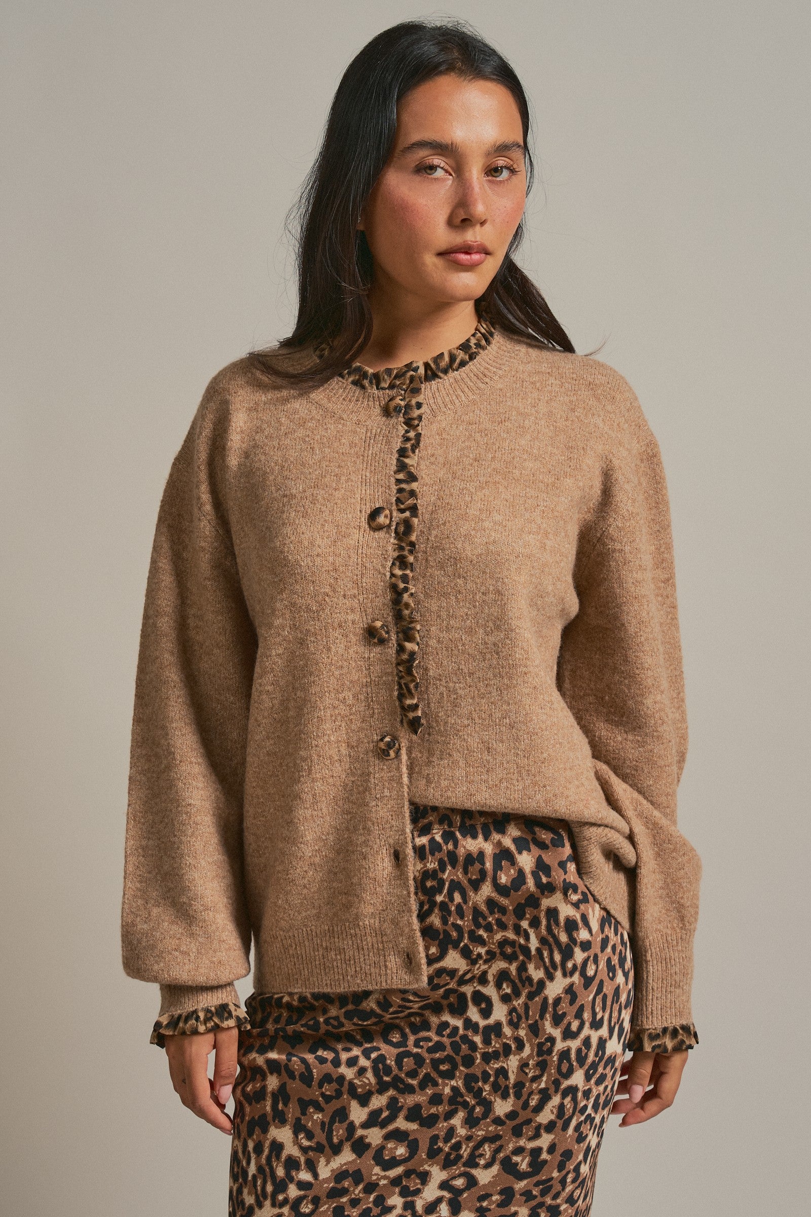Leopard Trim Knit Button Cardigan in Camel - Women's Fashion | Urban Daizy