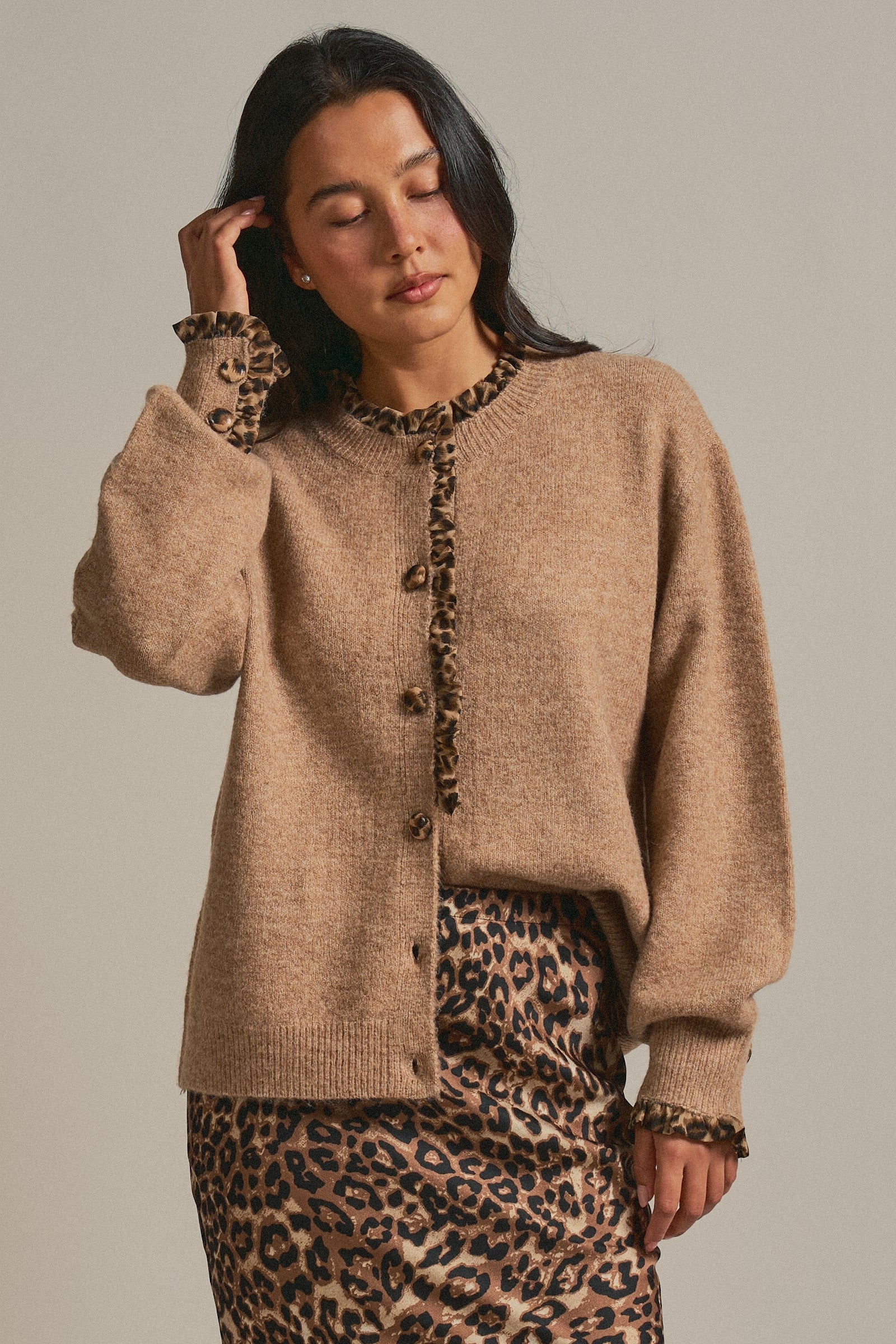 Leopard Trim Knit Button Cardigan in Camel - Women's Fashion | Urban Daizy