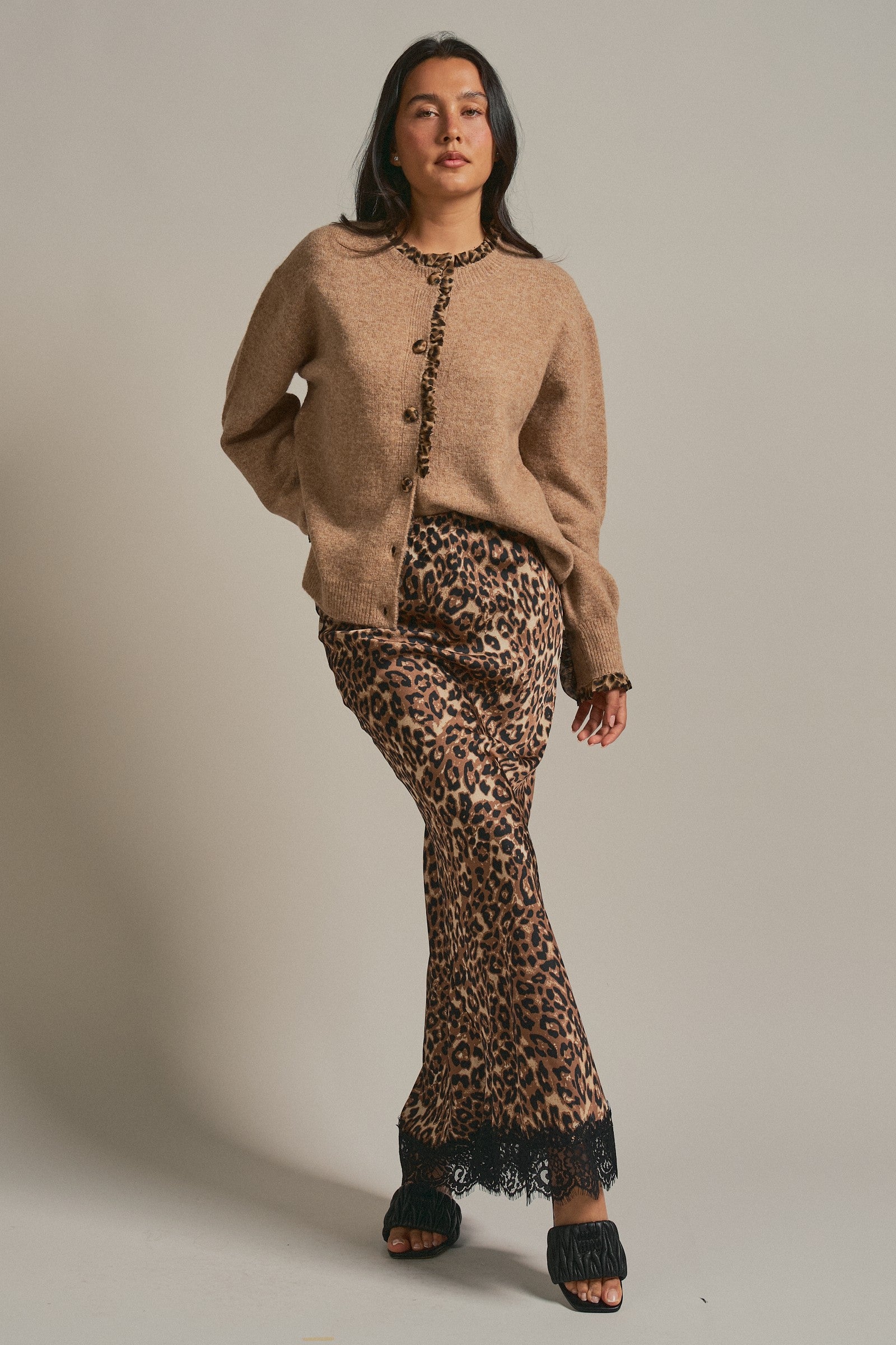 Leopard Trim Knit Button Cardigan in Camel - Women's Fashion | Urban Daizy
