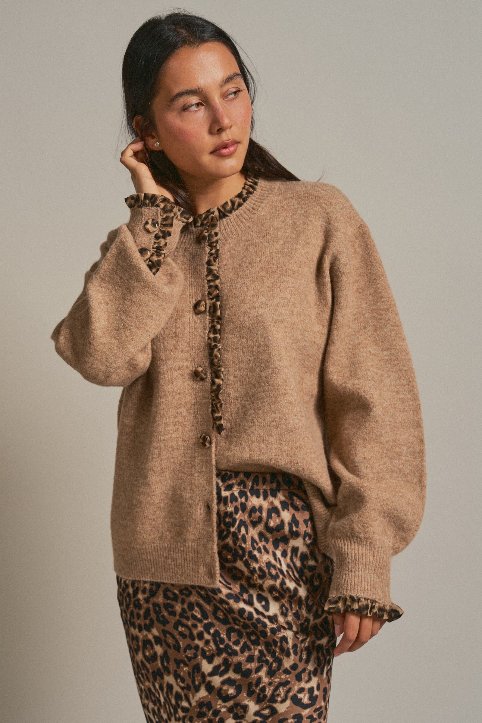 Leopard Trim Knit Button Cardigan in Camel - Women's Fashion | Urban Daizy
