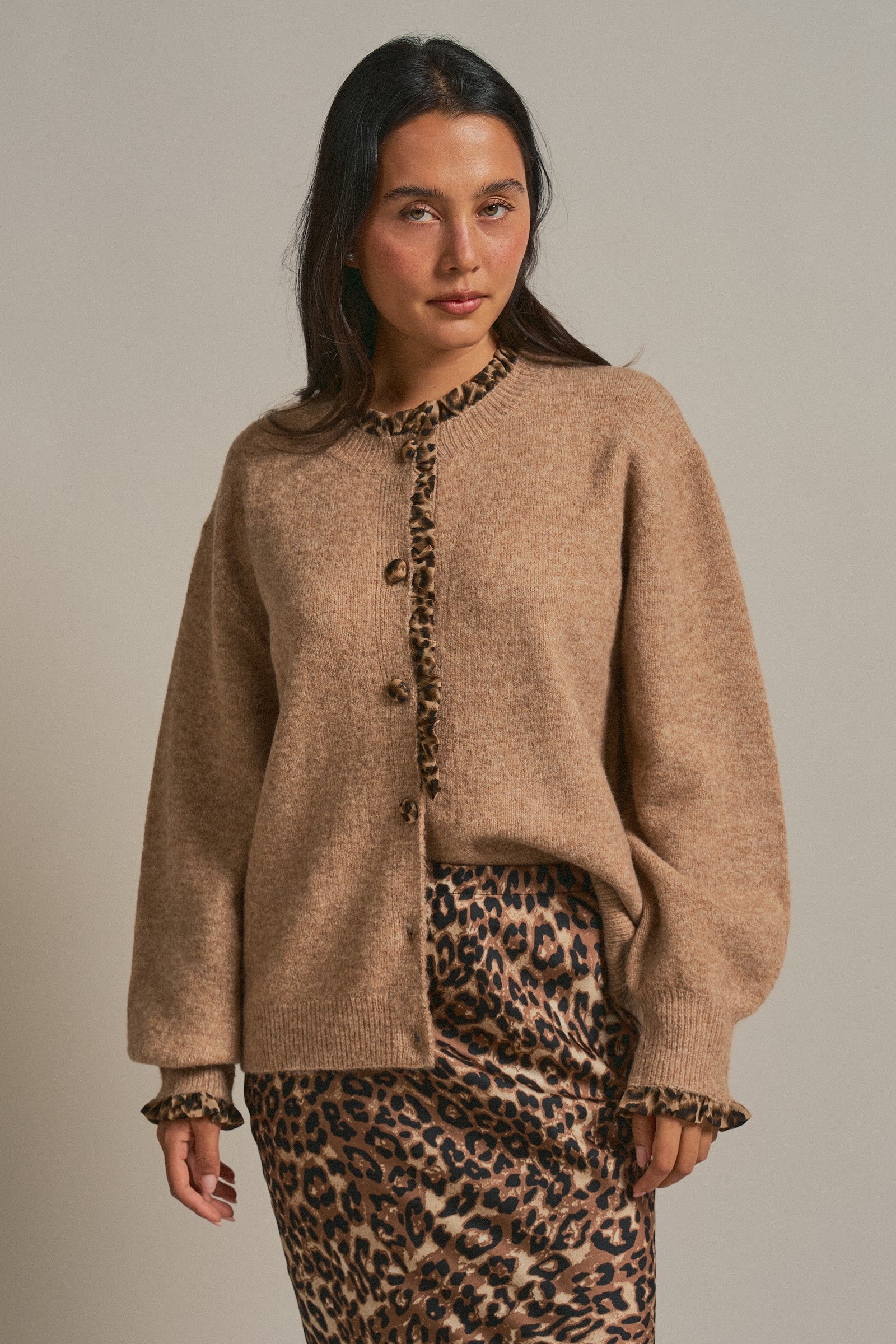 Leopard Trim Knit Button Cardigan in Camel - Women's Fashion | Urban Daizy