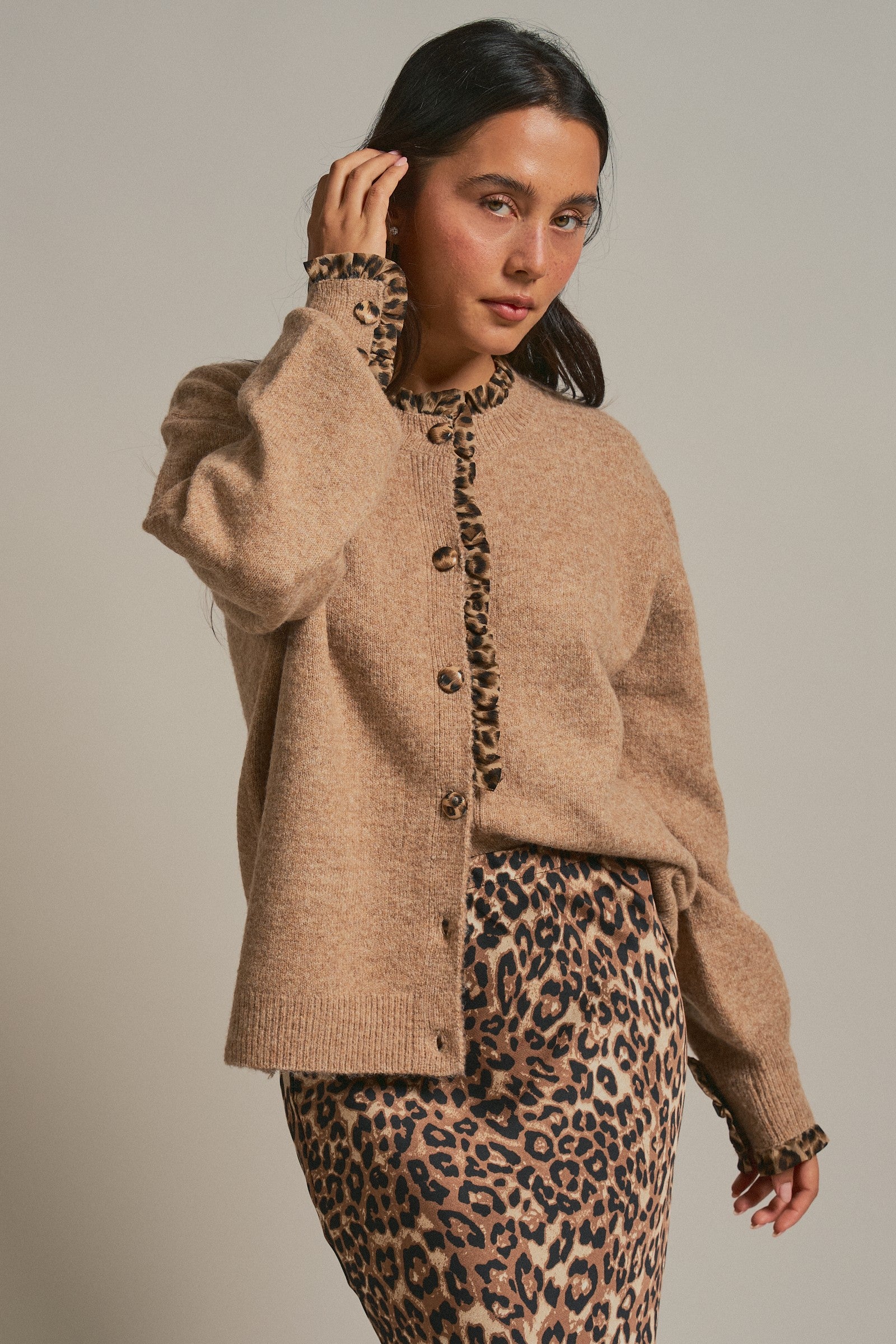Leopard Trim Knit Button Cardigan in Camel - Women's Fashion | Urban Daizy