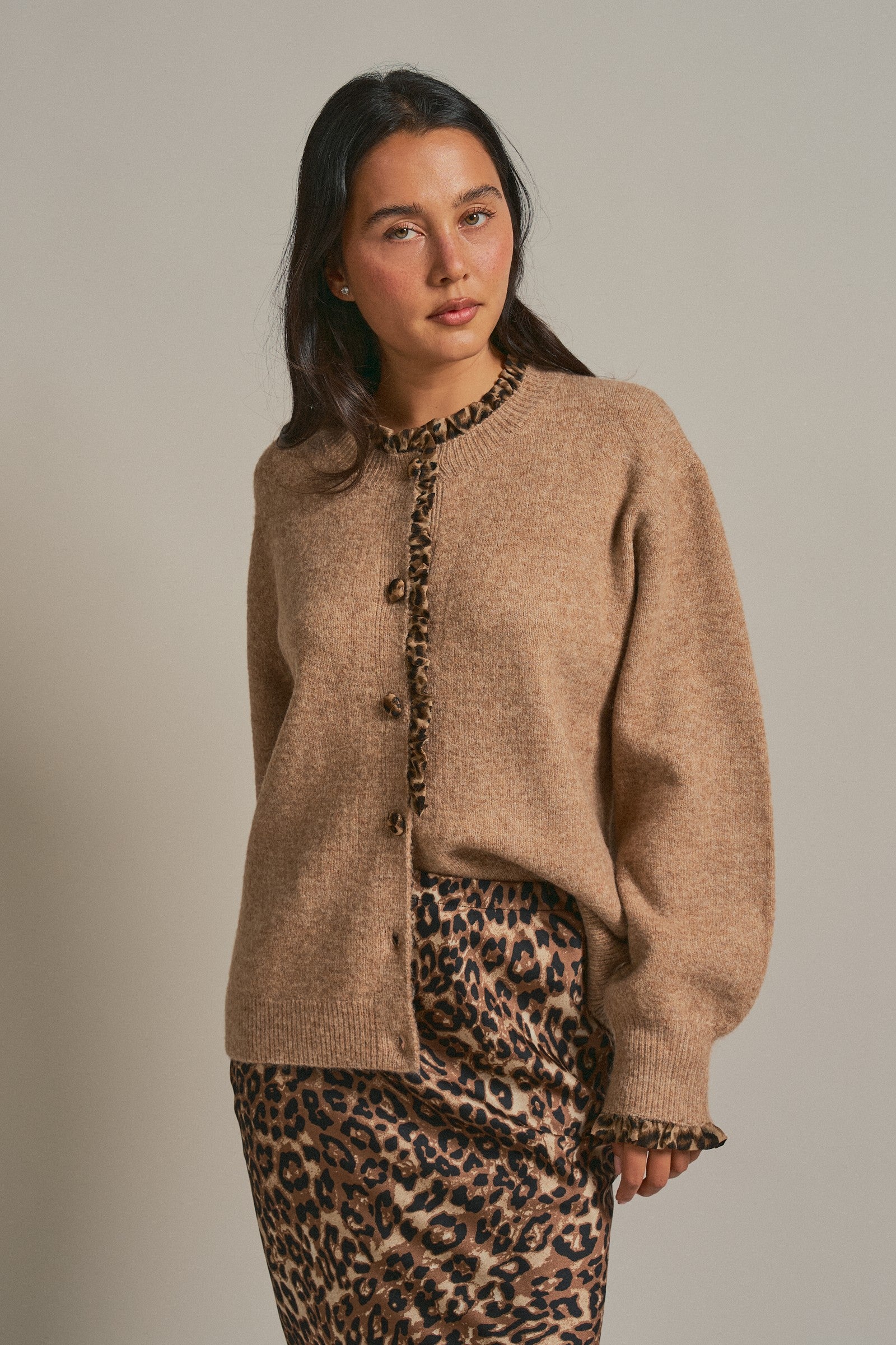 Leopard Trim Knit Button Cardigan in Camel - Women's Fashion | Urban Daizy