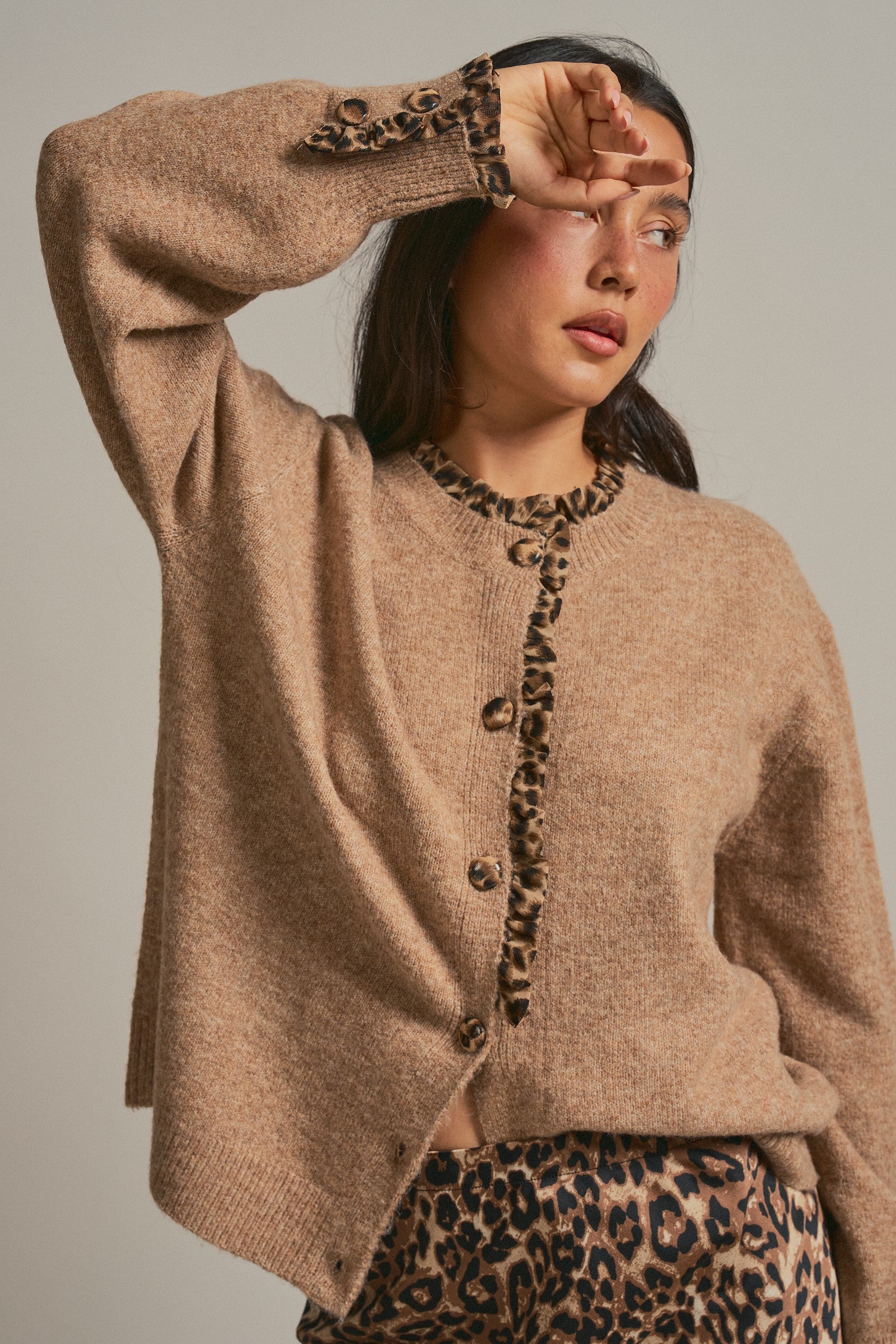 Leopard Trim Knit Button Cardigan in Camel - Women's Fashion | Urban Daizy