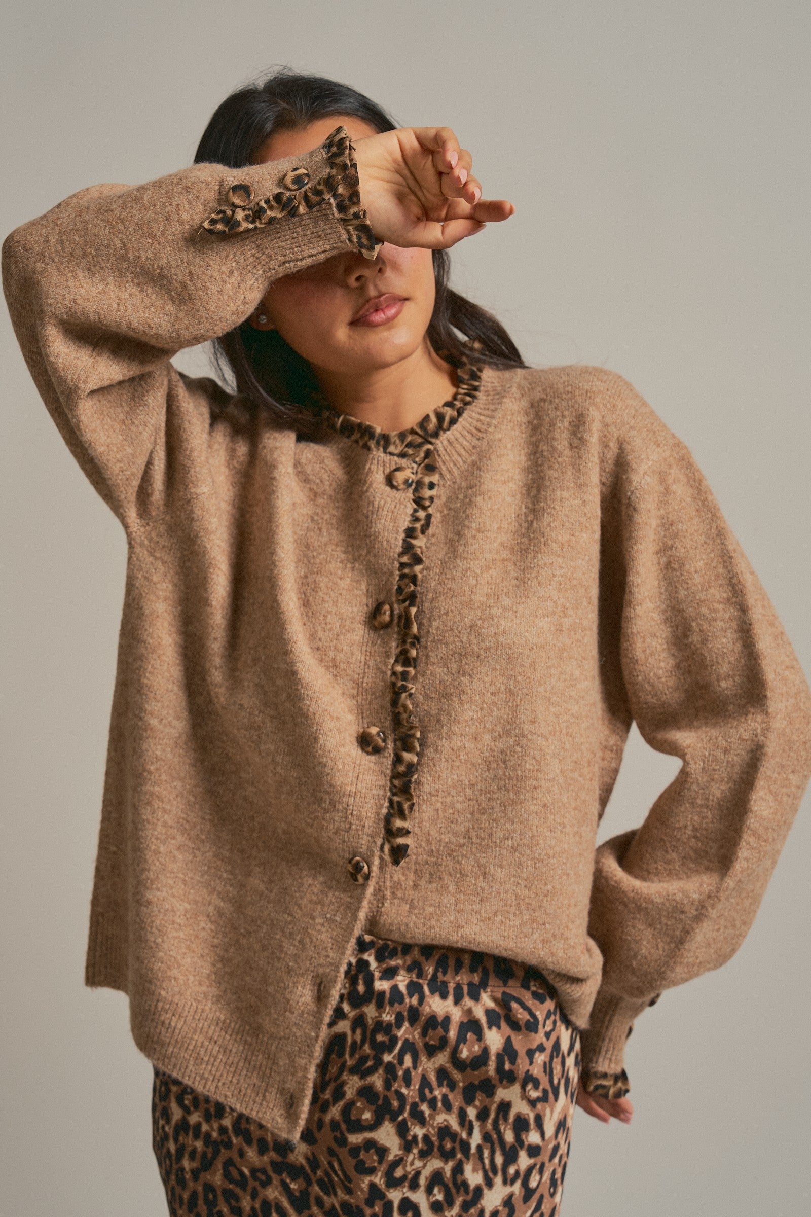 Leopard Trim Knit Button Cardigan in Camel - Women's Fashion | Urban Daizy