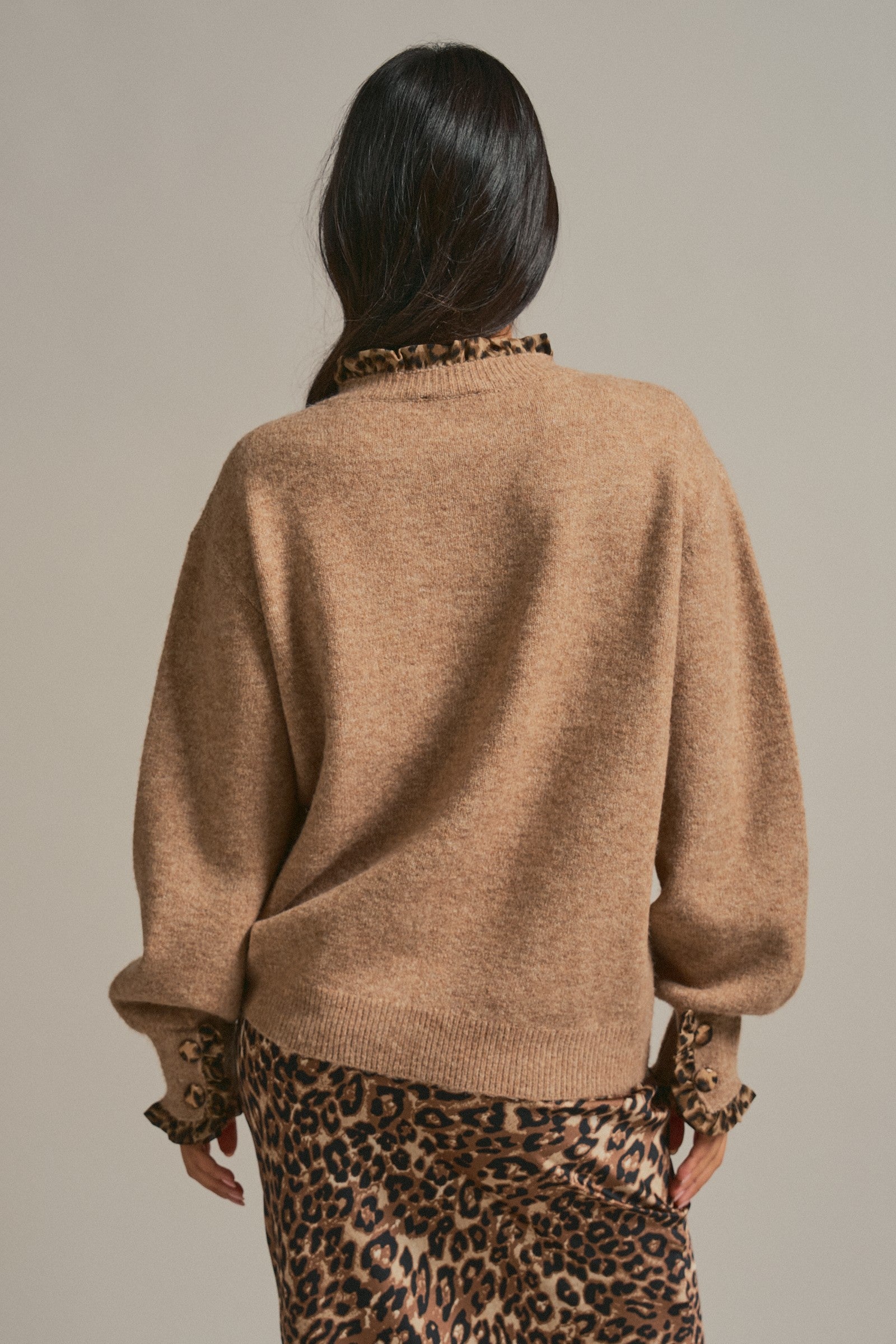 Leopard Trim Knit Button Cardigan in Camel - Women's Fashion | Urban Daizy