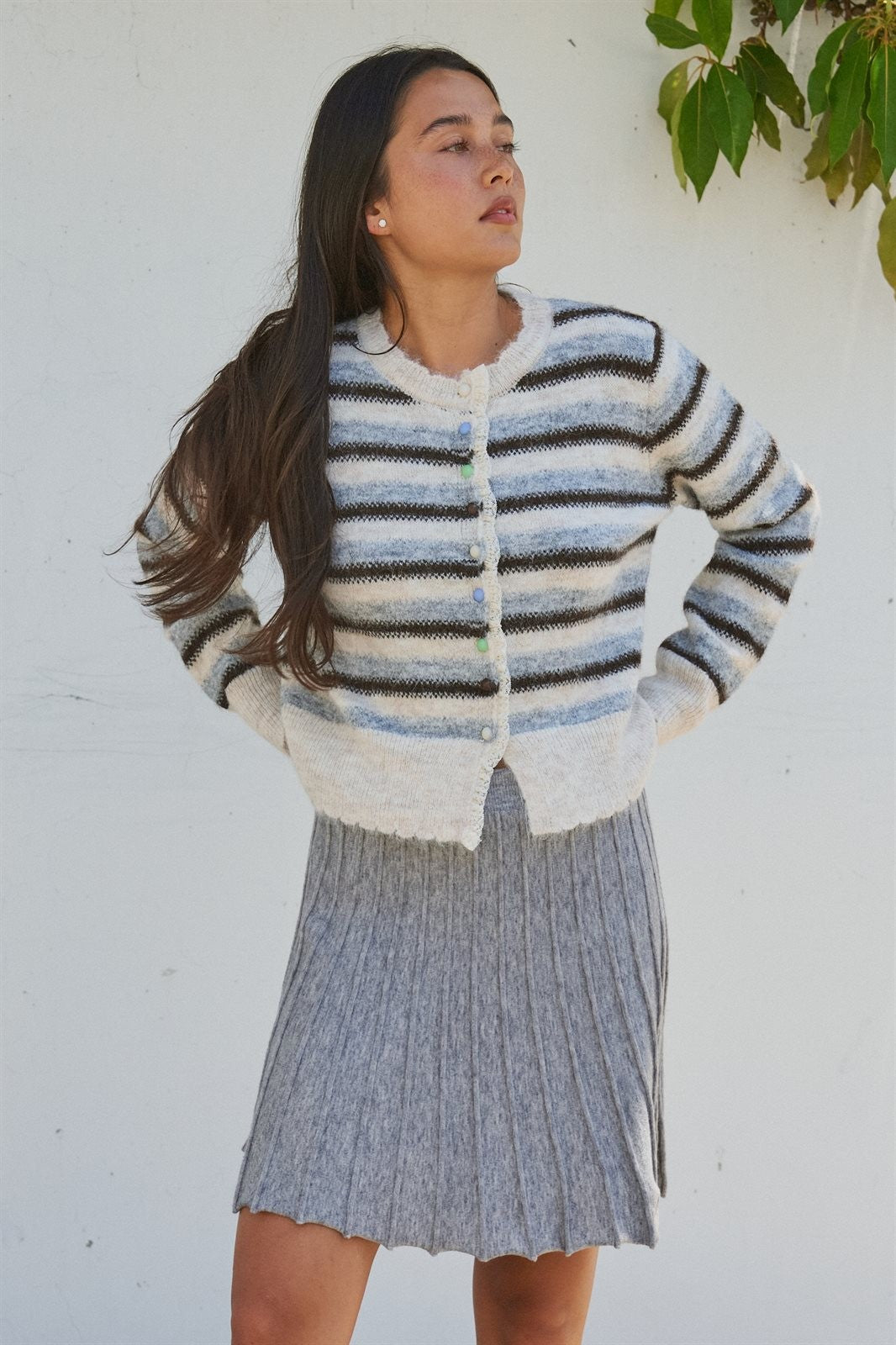 Lace Trim Striped Knit Cardigan With Candy Buttons in Ivory Brown - Women's SWEATERS | Urban Daizy