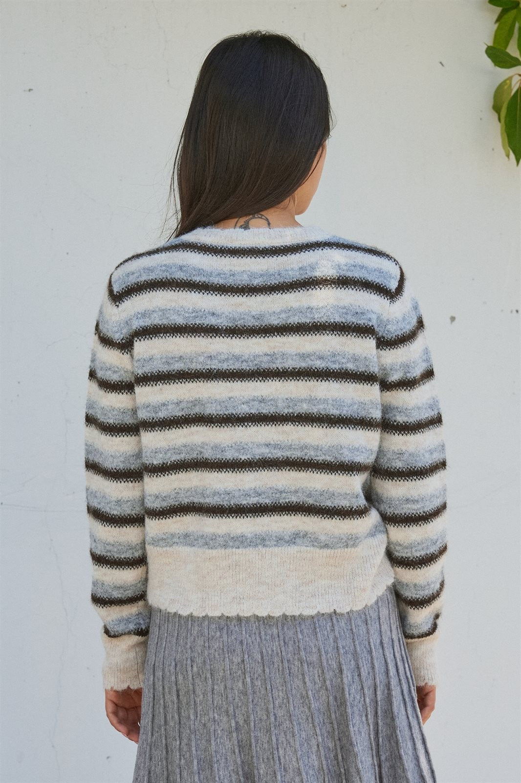 Lace Trim Striped Knit Cardigan With Candy Buttons in Ivory Brown - Women's SWEATERS | Urban Daizy