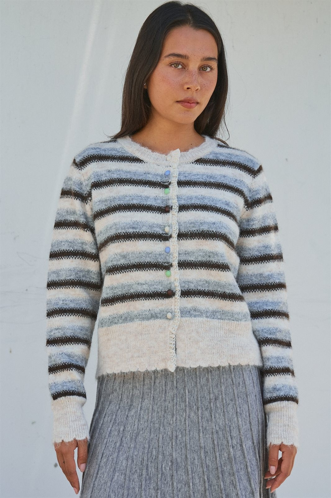 Lace Trim Striped Knit Cardigan With Candy Buttons in Ivory Brown - Women's SWEATERS | Urban Daizy