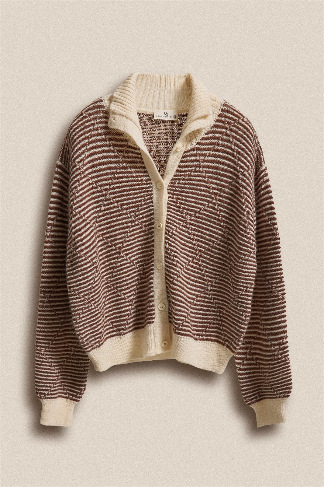 Striped Stand Collar Wool Blend Cardigan in Brown - Women's Fashion | Urban Daizy