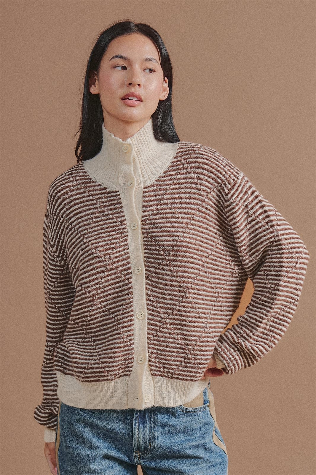 Striped Stand Collar Wool Blend Cardigan in Brown - Women's Fashion | Urban Daizy