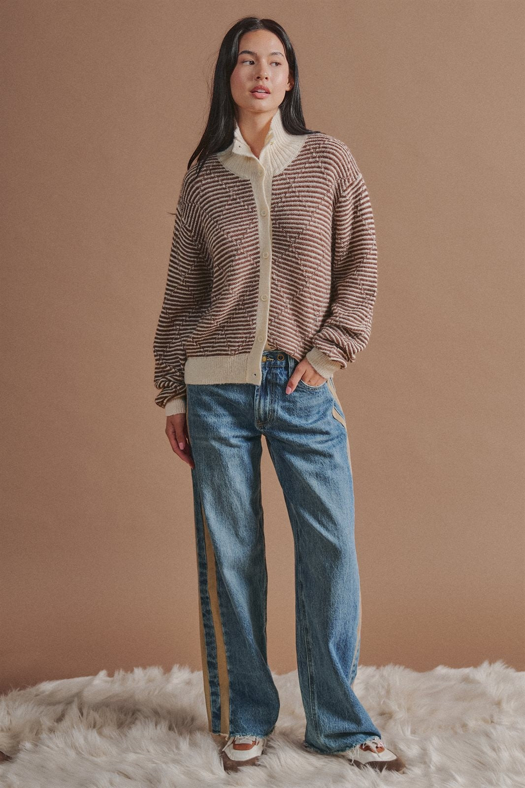 Striped Stand Collar Wool Blend Cardigan in Brown - Women's Fashion | Urban Daizy