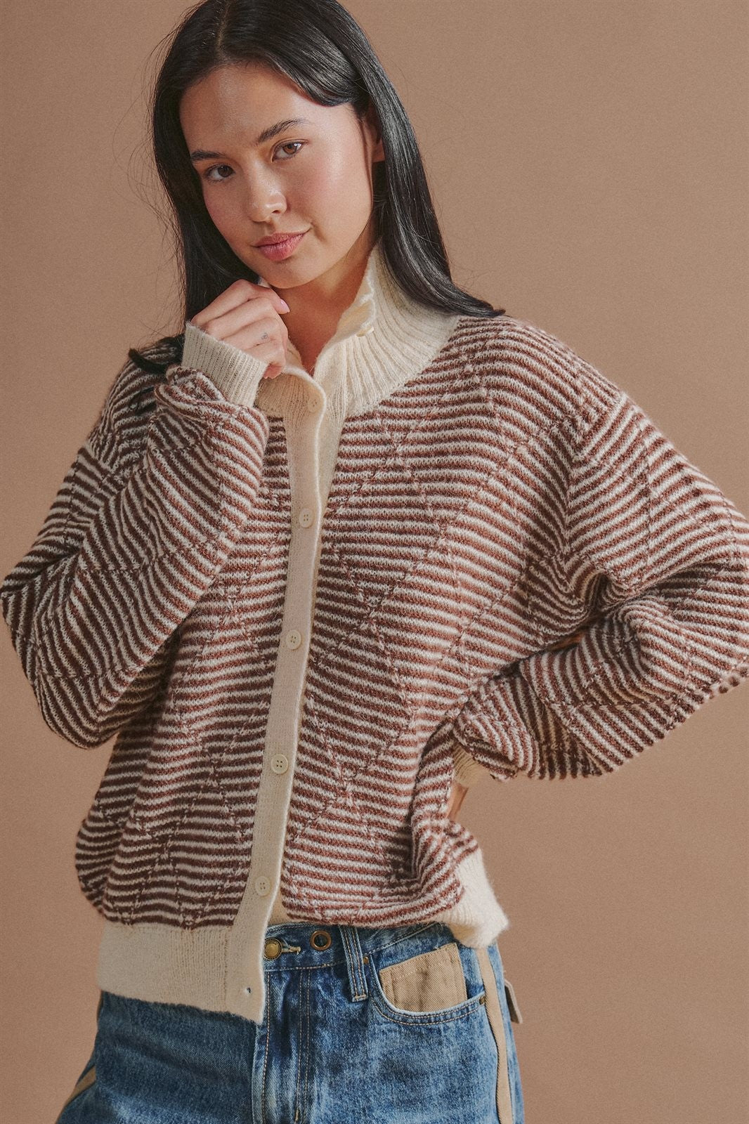 Striped Stand Collar Wool Blend Cardigan in Brown - Women's Fashion | Urban Daizy