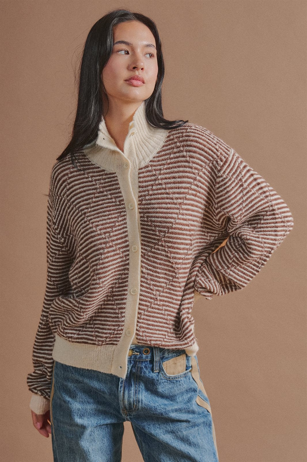 Striped Stand Collar Wool Blend Cardigan in Brown - Women's Fashion | Urban Daizy