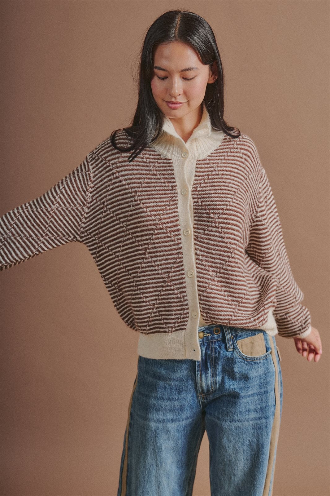 Striped Stand Collar Wool Blend Cardigan in Brown - Women's Fashion | Urban Daizy