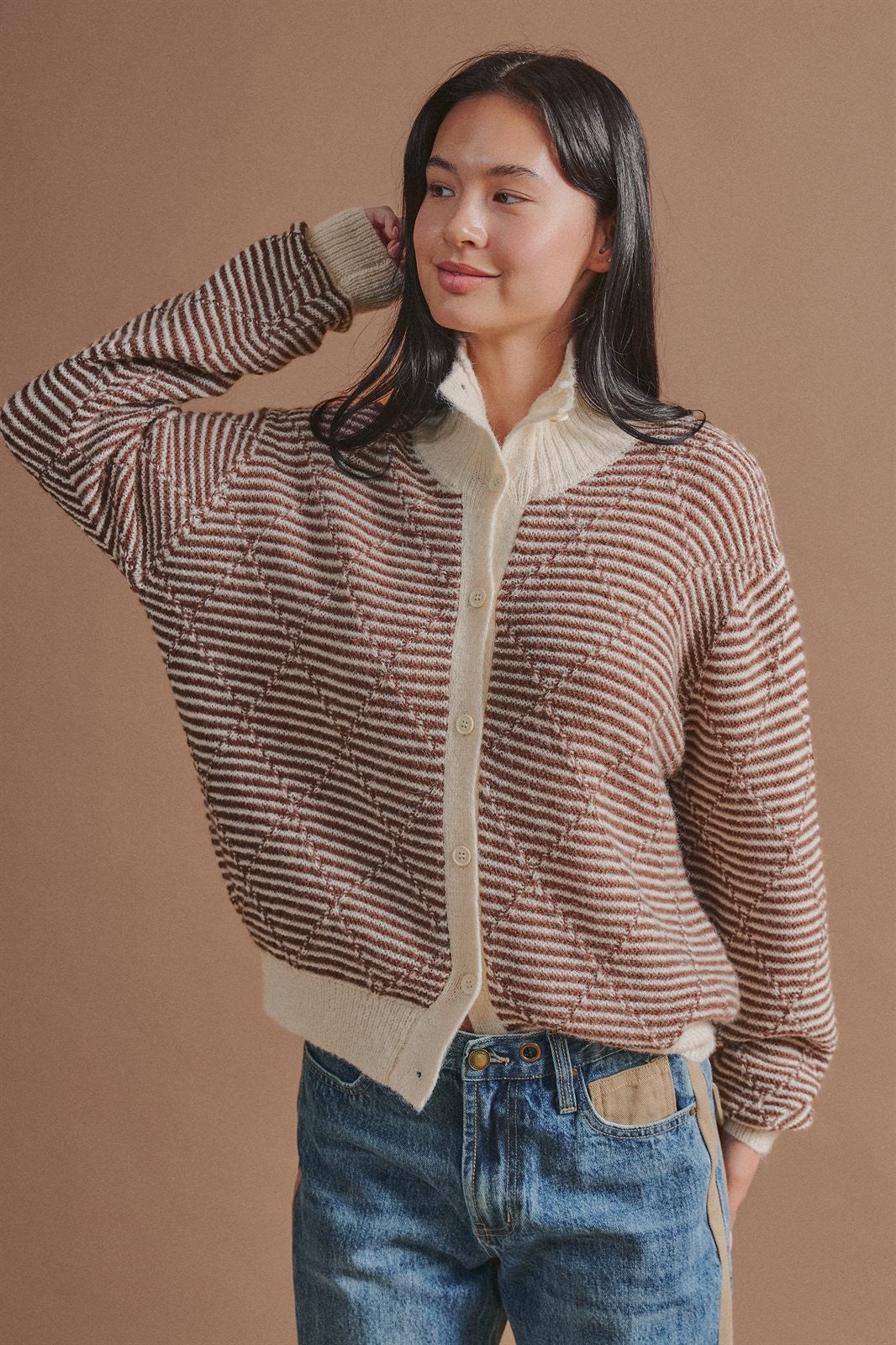 Striped Stand Collar Wool Blend Cardigan in Brown - Women's Fashion | Urban Daizy