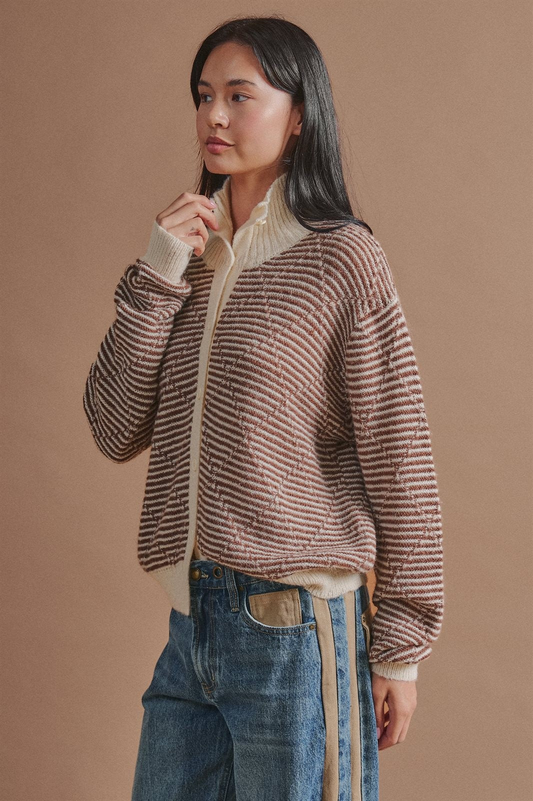 Striped Stand Collar Wool Blend Cardigan in Brown - Women's Fashion | Urban Daizy
