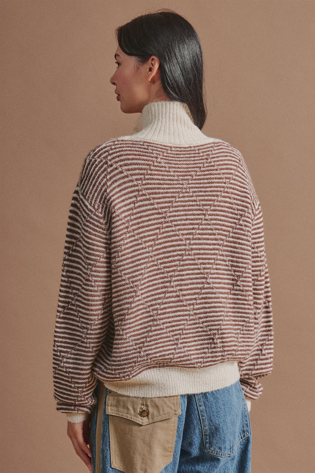 Striped Stand Collar Wool Blend Cardigan in Brown - Women's Fashion | Urban Daizy