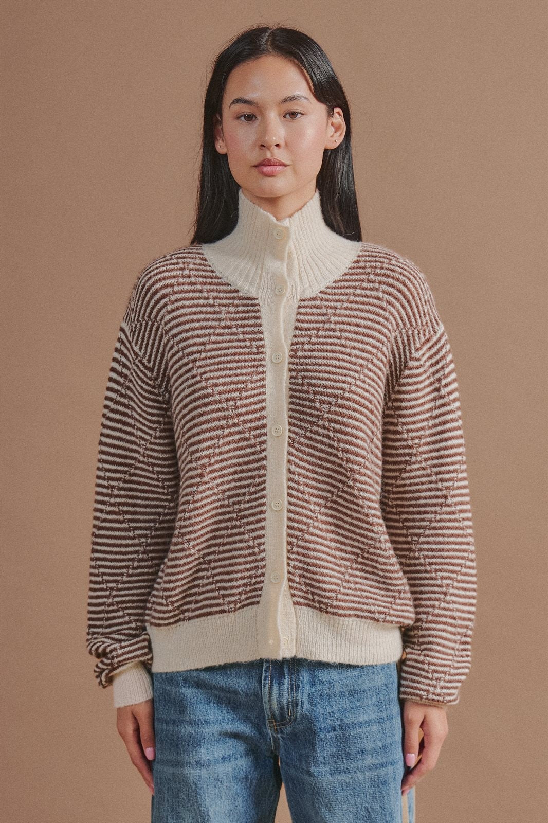 Striped Stand Collar Wool Blend Cardigan in Brown - Women's Fashion | Urban Daizy