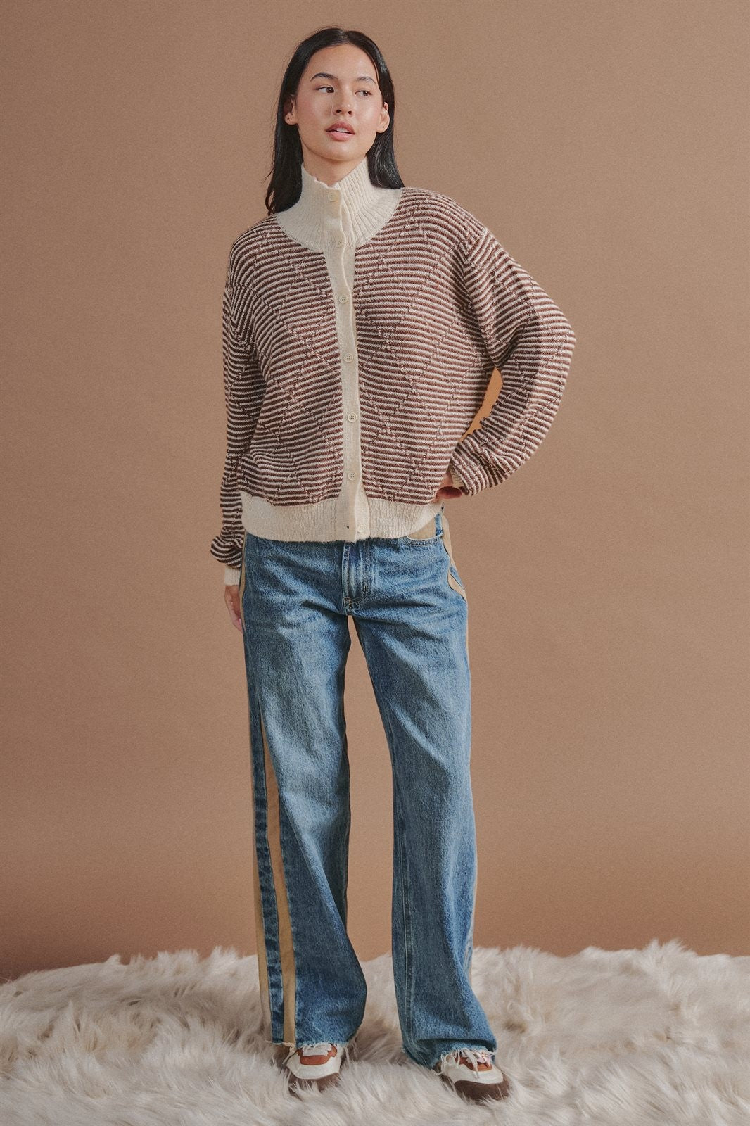 Striped Stand Collar Wool Blend Cardigan in Brown - Women's Fashion | Urban Daizy