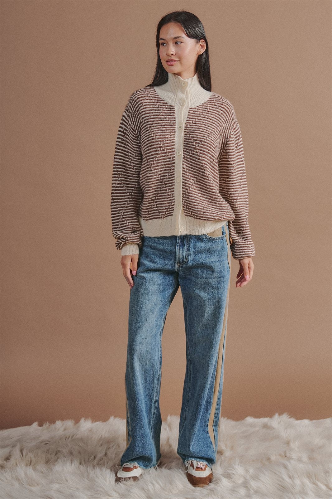 Striped Stand Collar Wool Blend Cardigan in Brown - Women's Fashion | Urban Daizy