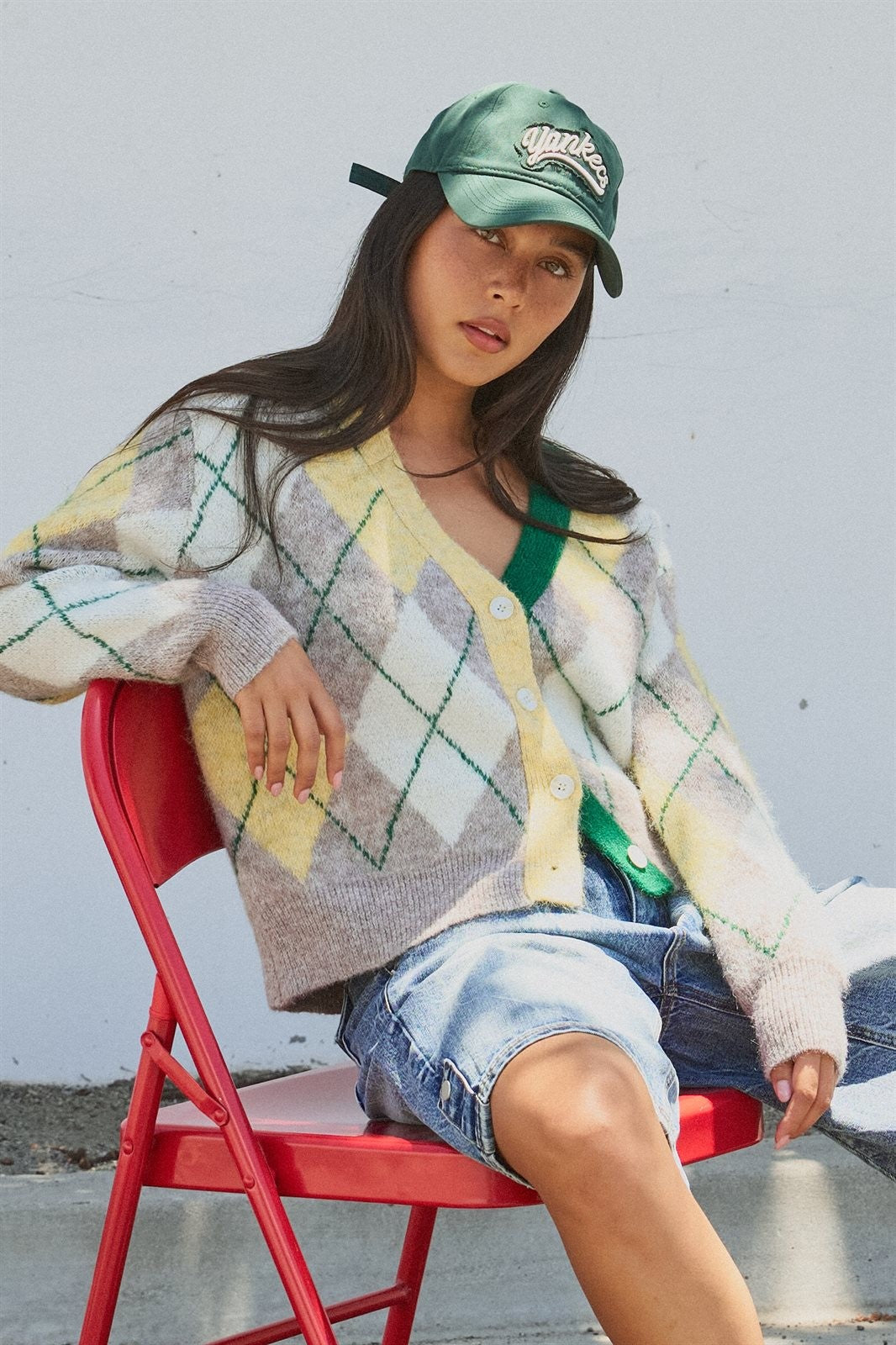 Pastel Argyle V-Neck Cropped Knit Cardigan in Green - Women's Fashion | Urban Daizy