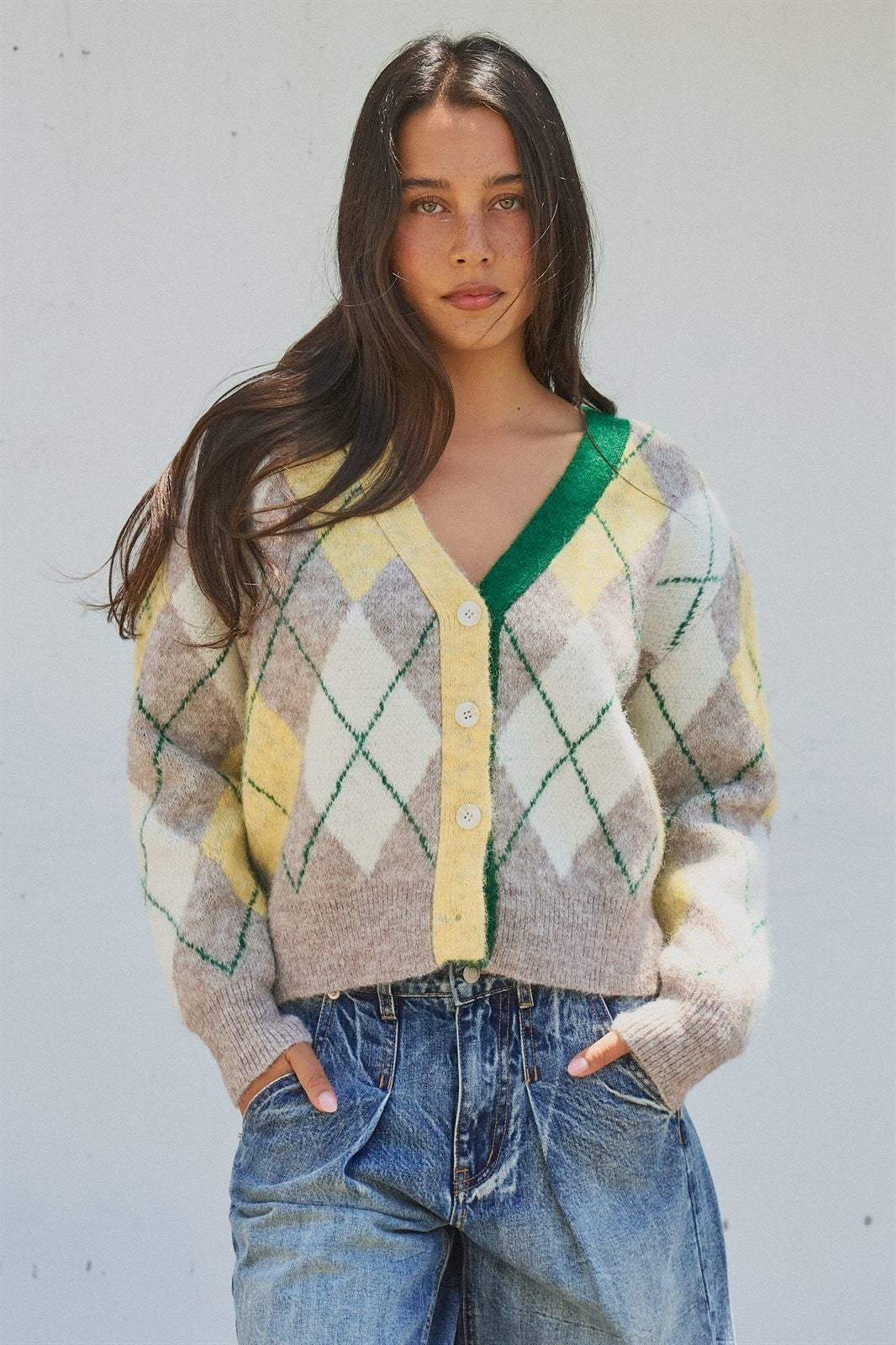 Pastel Argyle V-Neck Cropped Knit Cardigan in Green - Women's Fashion | Urban Daizy