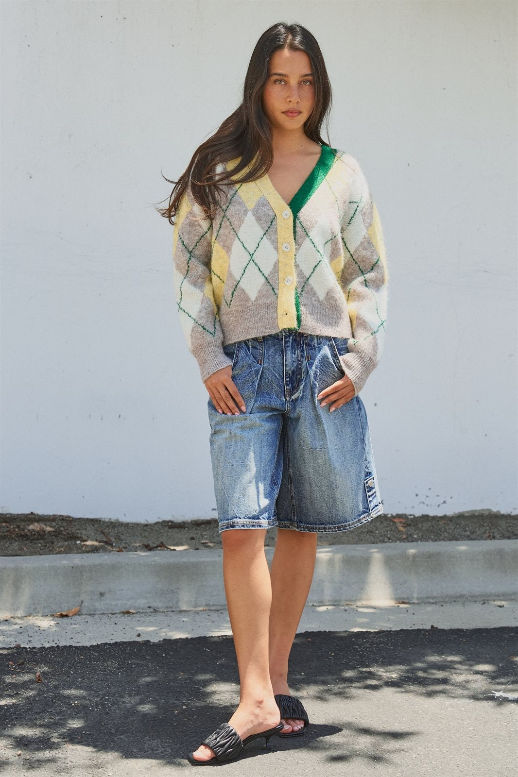 Pastel Argyle V-Neck Cropped Knit Cardigan in Green - Women's Fashion | Urban Daizy